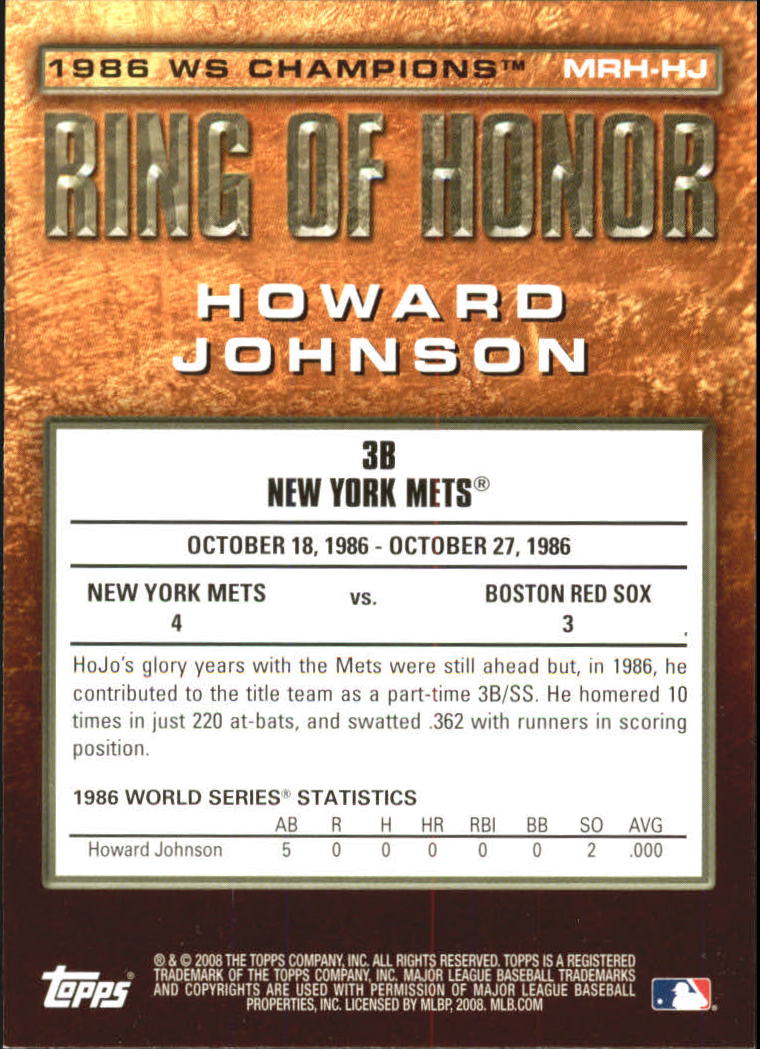 2008 Topps Update Ring of Honor 1986 New York Mets #HJ Howard Johnson back image