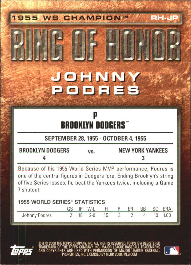 2008 Topps Update Ring of Honor World Series Champions #JP Johnny Podres back image