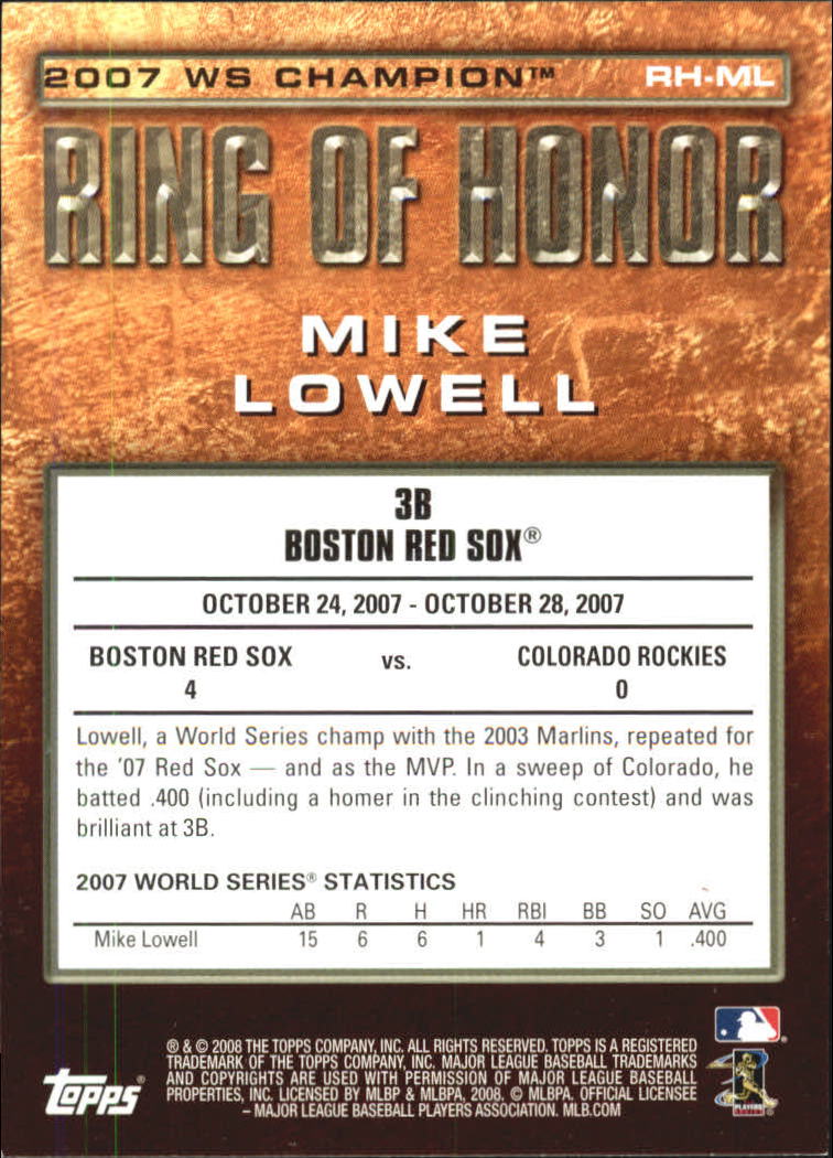 2008 Topps Update Ring of Honor World Series Champions #ML Mike Lowell back image