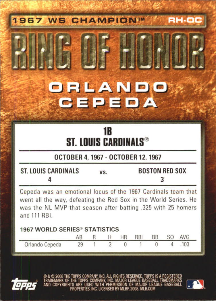 2008 Topps Update Ring of Honor World Series Champions #OC Orlando Cepeda back image