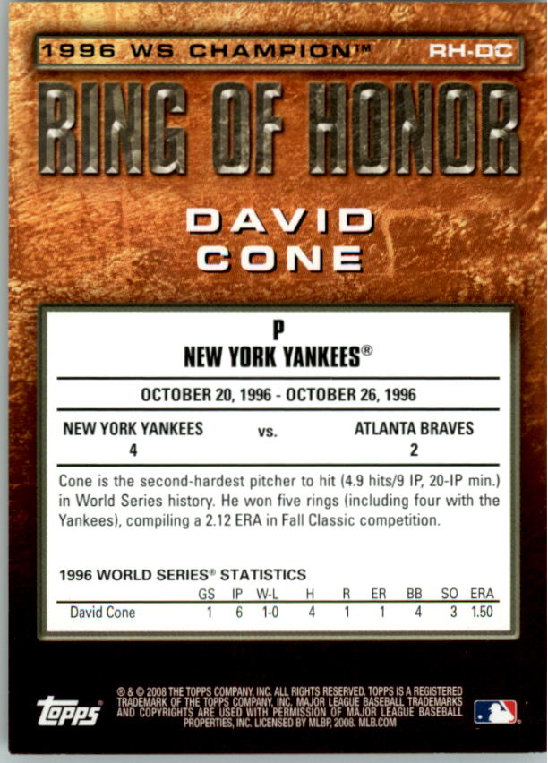 2008 Topps Update Ring of Honor World Series Champions #DC1 David Cone UER back image
