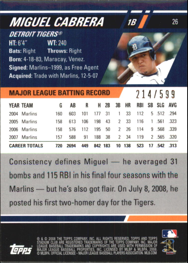 2008 Stadium Club First Day Issue #26 Miguel Cabrera back image