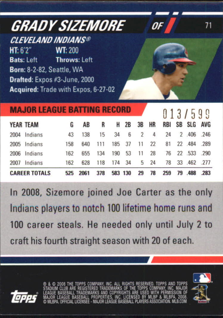 2008 Stadium Club First Day Issue #71 Grady Sizemore back image