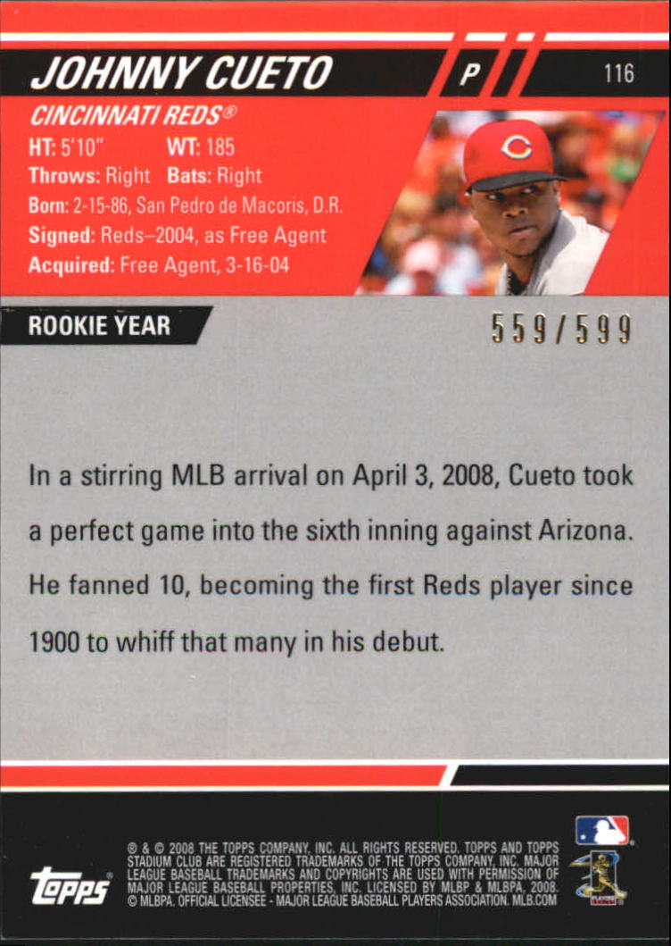 2008 Stadium Club First Day Issue #116 Johnny Cueto back image