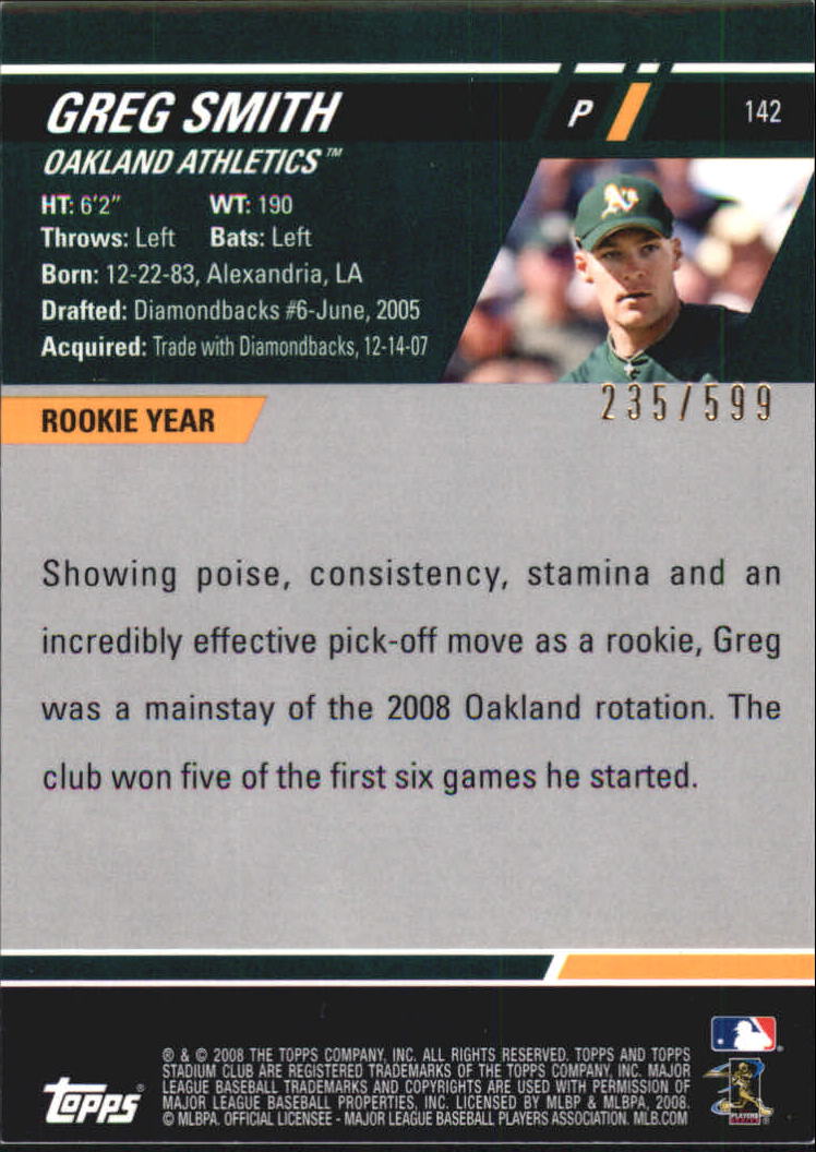 2008 Stadium Club First Day Issue #142 Greg Smith back image