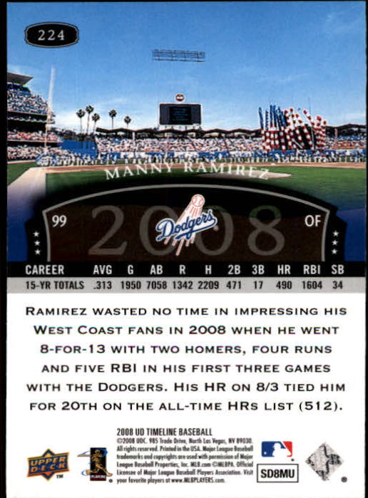 2008 Upper Deck Timeline #224 Manny Ramirez 04 TT back image