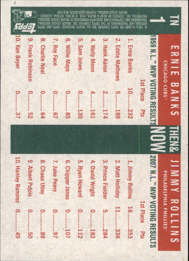 2008 Topps Heritage High Numbers Then and Now #TN1 Ernie Banks/Jimmy Rollins back image