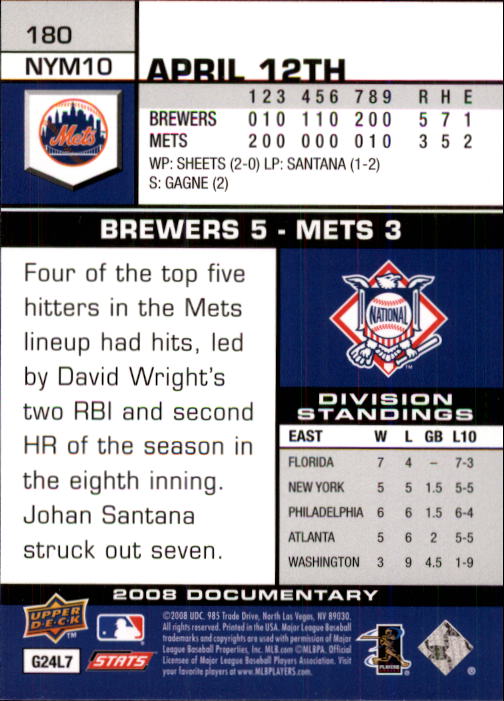 2008 Upper Deck Documentary #180 David Wright back image