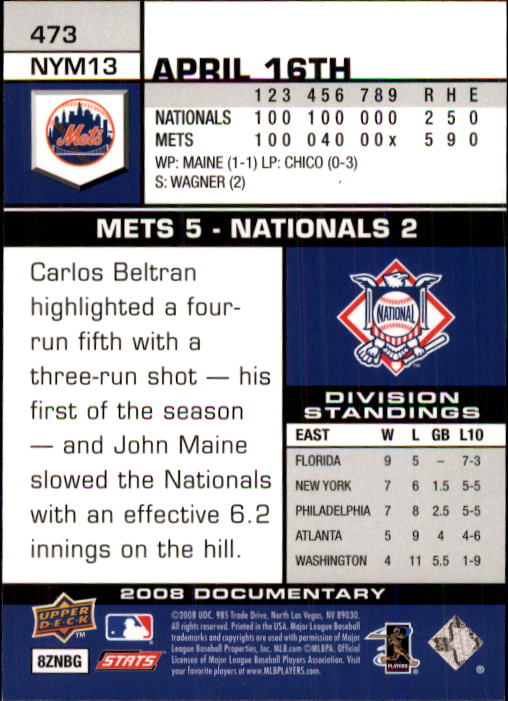 2008 Upper Deck Documentary #473 David Wright back image