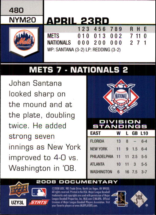 2008 Upper Deck Documentary #480 David Wright back image