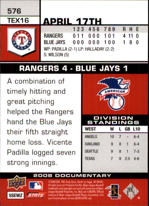 2008 Upper Deck Documentary #576 Josh Hamilton back image