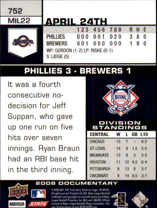 2008 Upper Deck Documentary #752 Prince Fielder back image