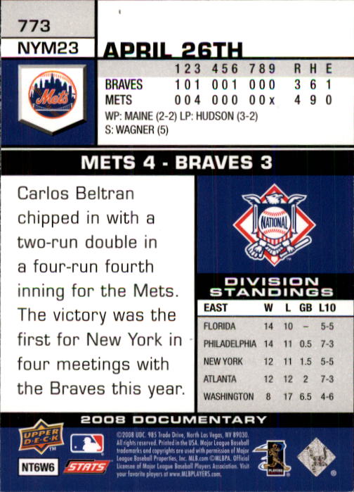 2008 Upper Deck Documentary #773 David Wright back image