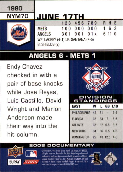 2008 Upper Deck Documentary #1980 David Wright back image