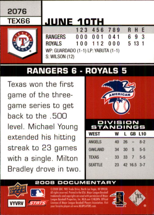 2008 Upper Deck Documentary #2076 Josh Hamilton back image