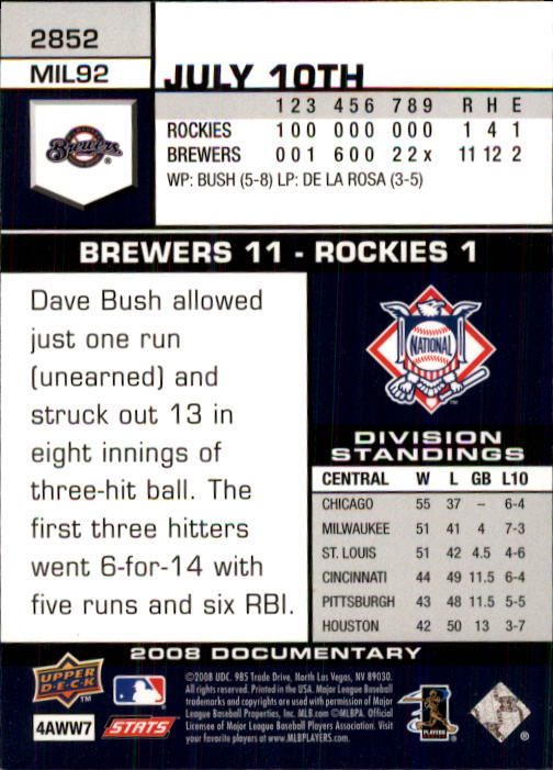 2008 Upper Deck Documentary #2852 Prince Fielder back image