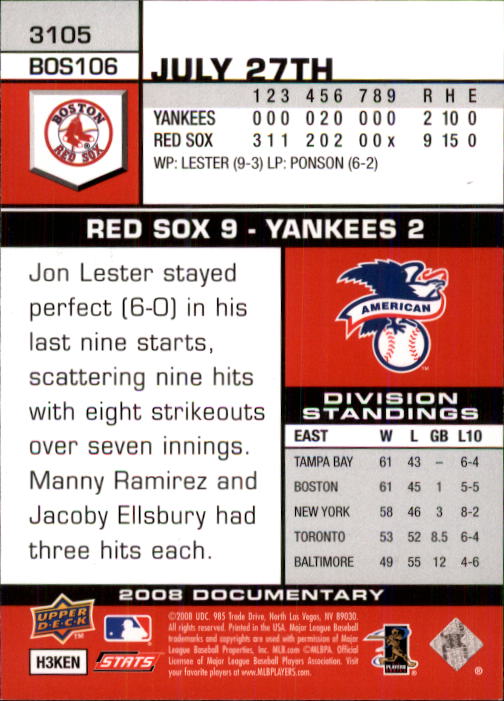 2008 Upper Deck Documentary #3105 Jon Lester back image