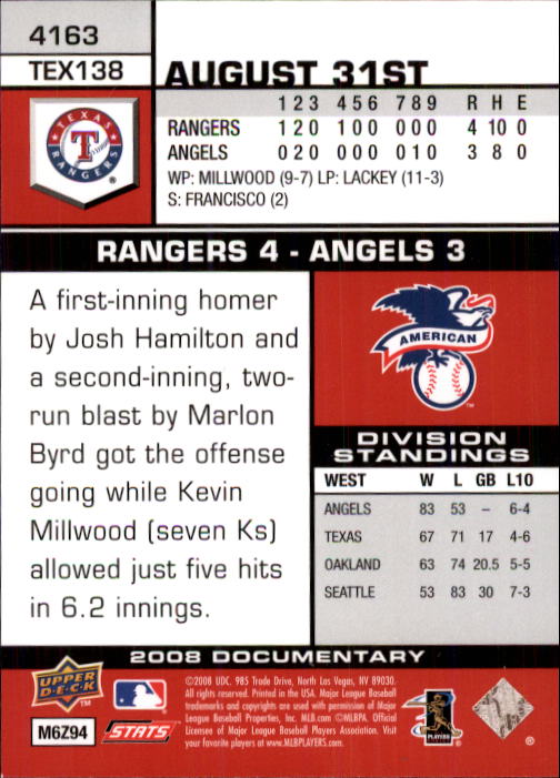 2008 Upper Deck Documentary #4163 Josh Hamilton back image