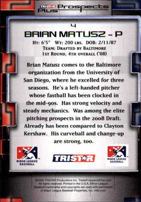 2008 TRISTAR Prospects Plus #4 Brian Matusz back image