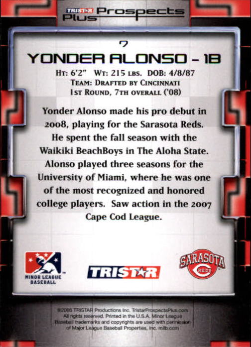 2008 TRISTAR Prospects Plus #7 Yonder Alonso PD back image