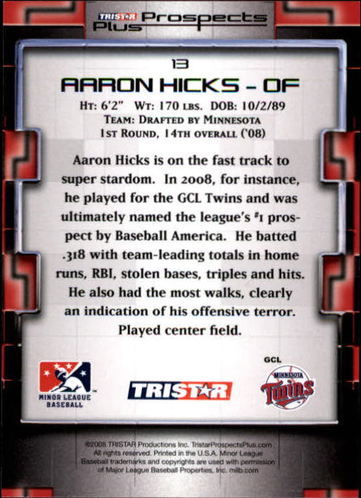2008 TRISTAR Prospects Plus #13 Aaron Hicks PD back image