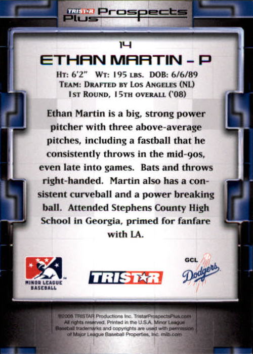 2008 TRISTAR Prospects Plus #14 Ethan Martin PD back image