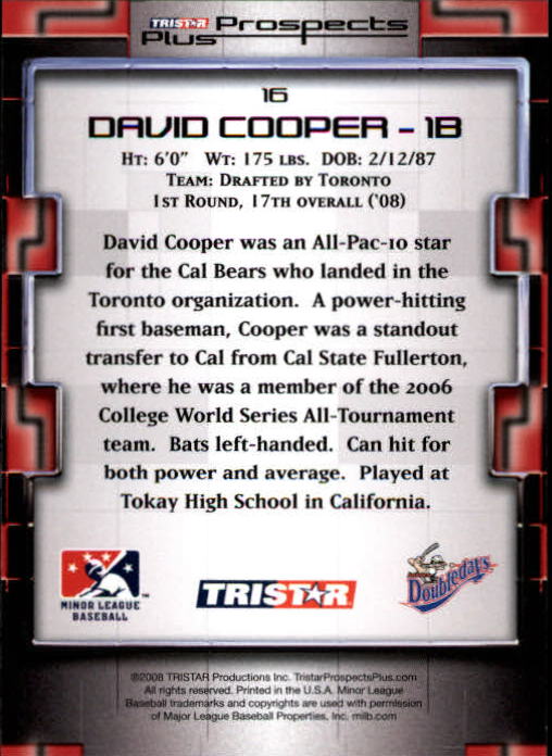 2008 TRISTAR Prospects Plus #16 David Cooper PD back image