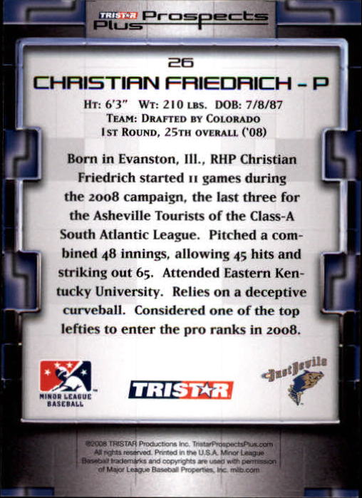 2008 TRISTAR Prospects Plus #26 Christian Friedrich PD back image