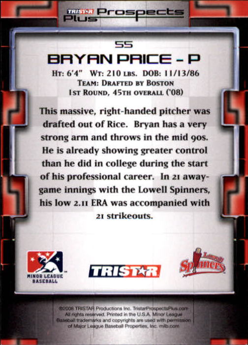 2008 TRISTAR Prospects Plus #55 Bryan Price PD back image
