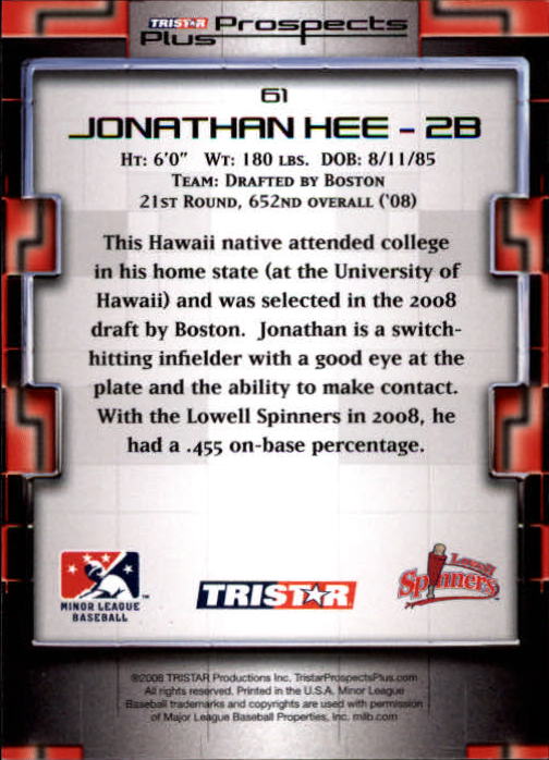 2008 TRISTAR Prospects Plus #61 Jonathan Hee PD back image
