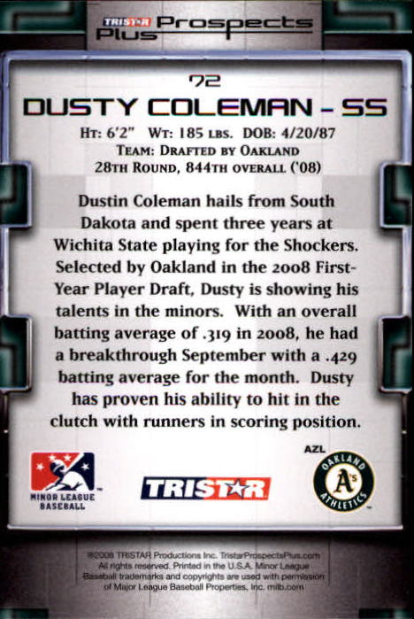 2008 TRISTAR Prospects Plus #72 Dusty Coleman PD back image