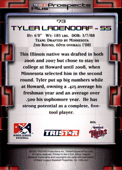 2008 TRISTAR Prospects Plus #73 Tyler Ladendorf PD back image