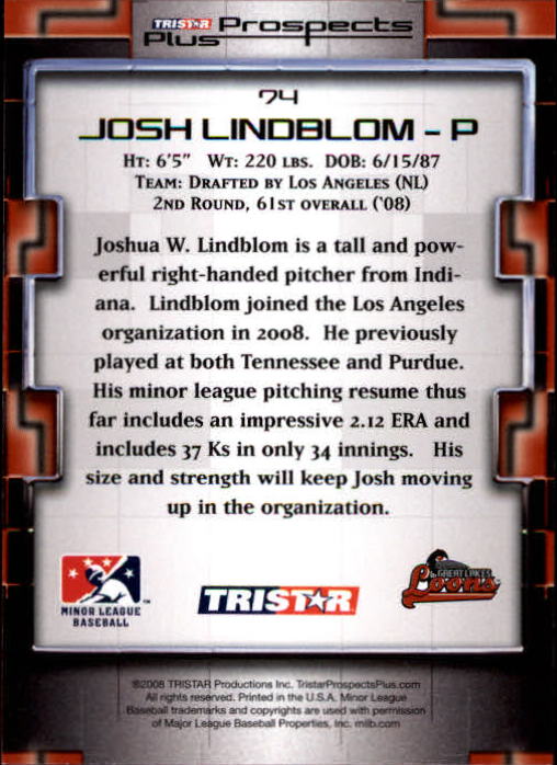2008 TRISTAR Prospects Plus #74 Josh Lindblom PD back image
