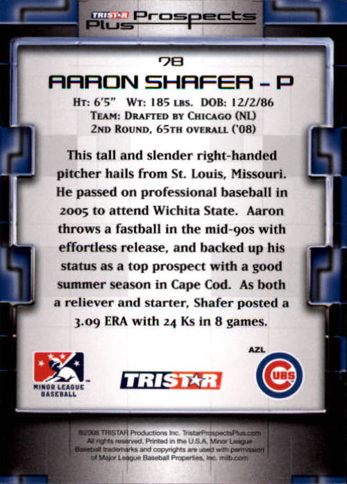 2008 TRISTAR Prospects Plus #78 Aaron Shafer PD back image