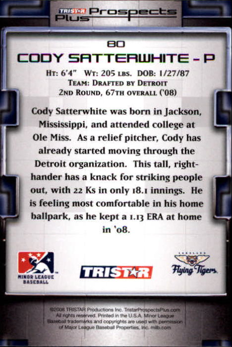 2008 TRISTAR Prospects Plus #80 Cody Satterwhite PD back image