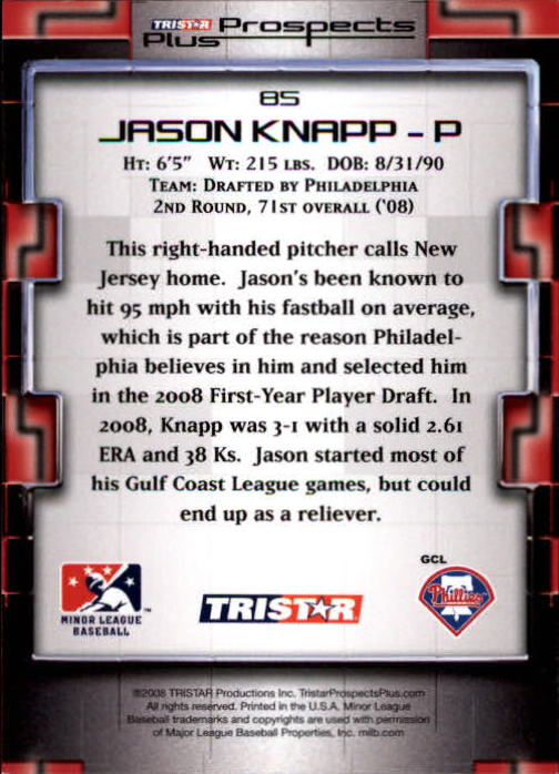 2008 TRISTAR Prospects Plus #85 Jason Knapp PD back image
