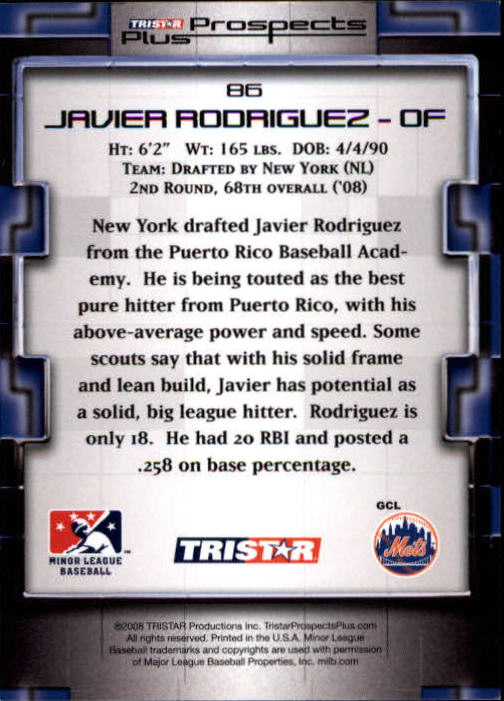 2008 TRISTAR Prospects Plus #86 Javier Rodriguez PD back image