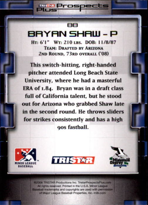 2008 TRISTAR Prospects Plus #88 Bryan Shaw PD back image