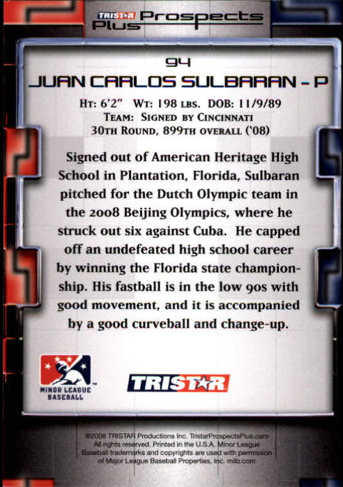 2008 TRISTAR Prospects Plus #94 Juan Carlos Sulbaran back image