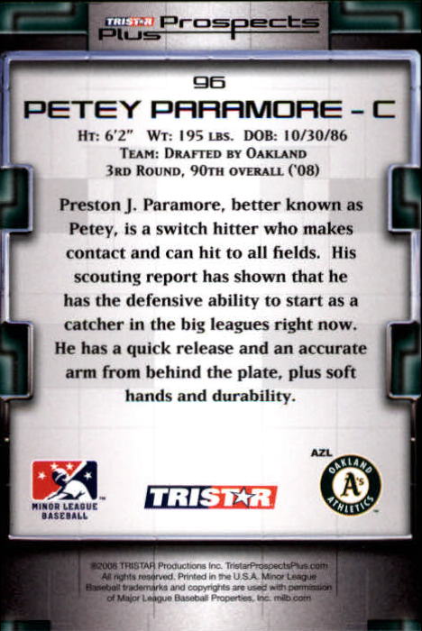 2008 TRISTAR Prospects Plus #96 Petey Paramore PD back image