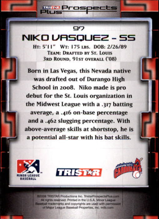 2008 TRISTAR Prospects Plus #97 Niko Vasquez PD back image