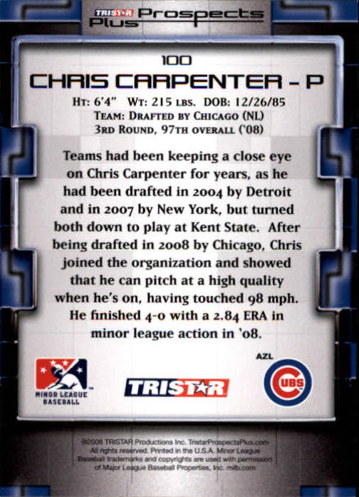 2008 TRISTAR Prospects Plus #100 Chris Carpenter PD back image