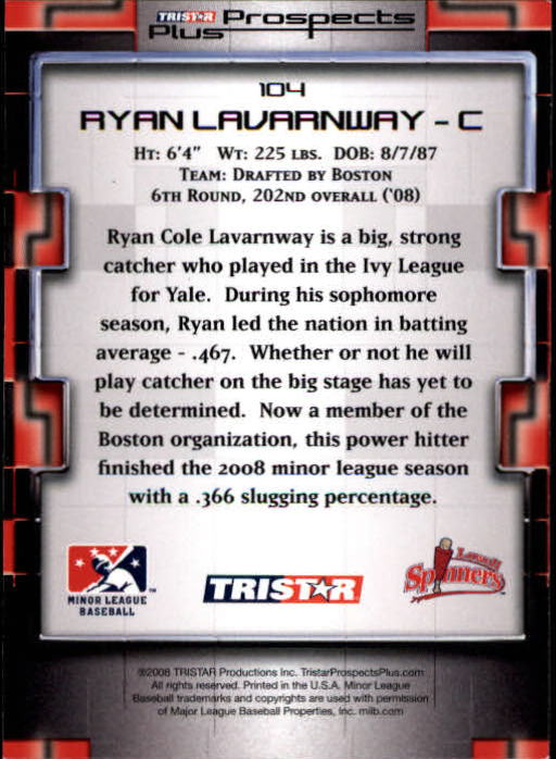 2008 TRISTAR Prospects Plus #104 Ryan Lavarnway PD back image