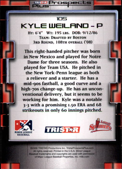 2008 TRISTAR Prospects Plus #105 Kyle Weiland PD back image