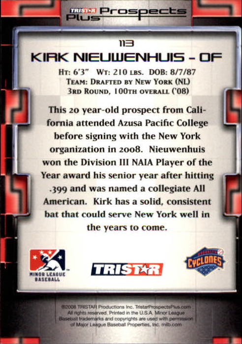 2008 TRISTAR Prospects Plus #113 Kirk Nieuwenhuis PD back image