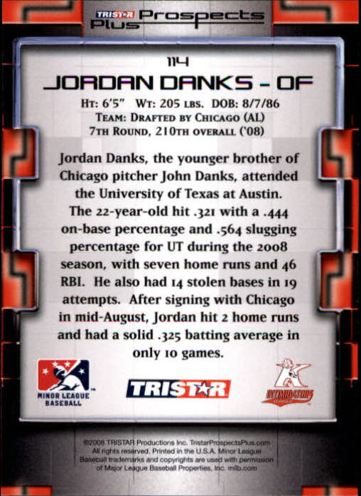 2008 TRISTAR Prospects Plus #114 Jordan Danks PD back image