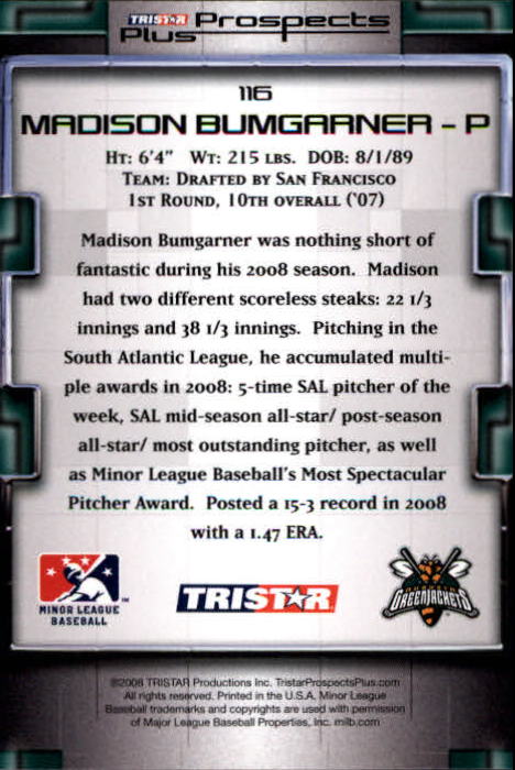 2008 TRISTAR Prospects Plus #116 Madison Bumgarner PD back image