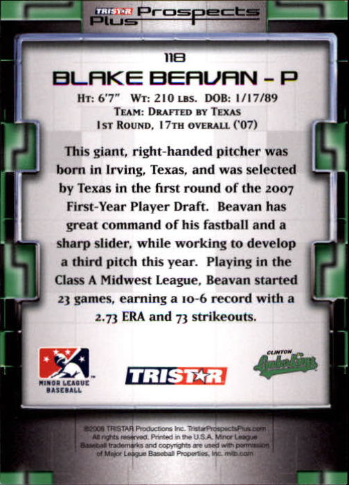 2008 TRISTAR Prospects Plus #118 Blake Beavan PD back image