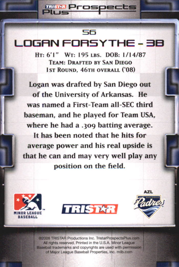 2008 TRISTAR Prospects Plus Green #56 Logan Forsythe back image