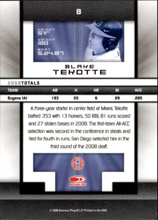 2008 Donruss Elite Extra Edition #8 Blake Tekotte back image